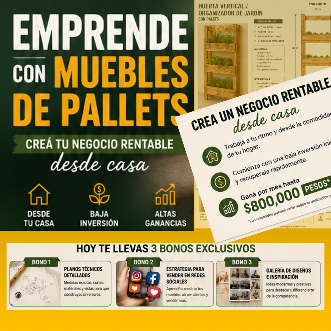 Emprende con Muebles de pallets+3 BONOS: Ganá+$800.000 al mes
